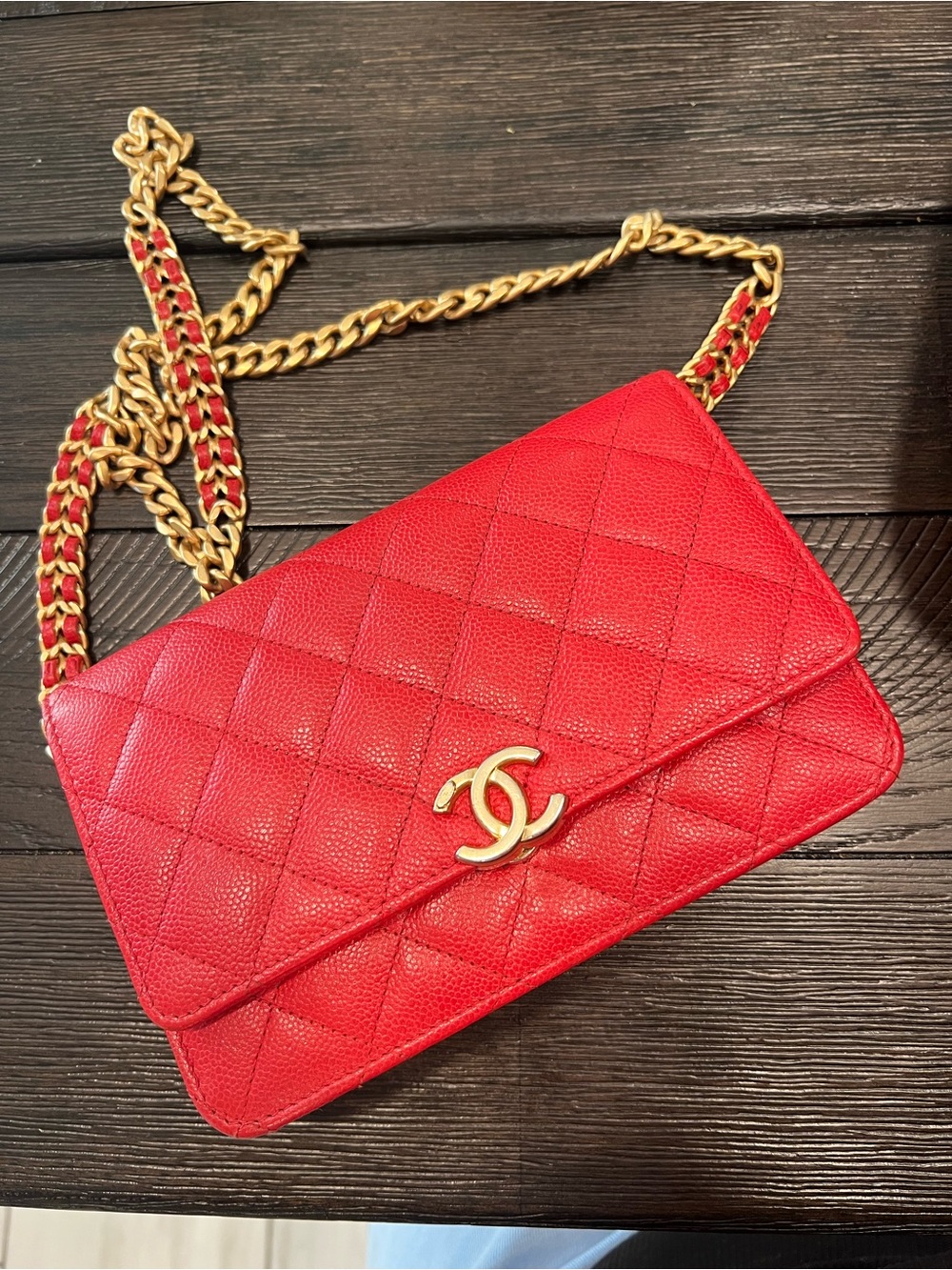 CHANEL Red Quilted Leather Wallet-on-Chain with Gold Hardware